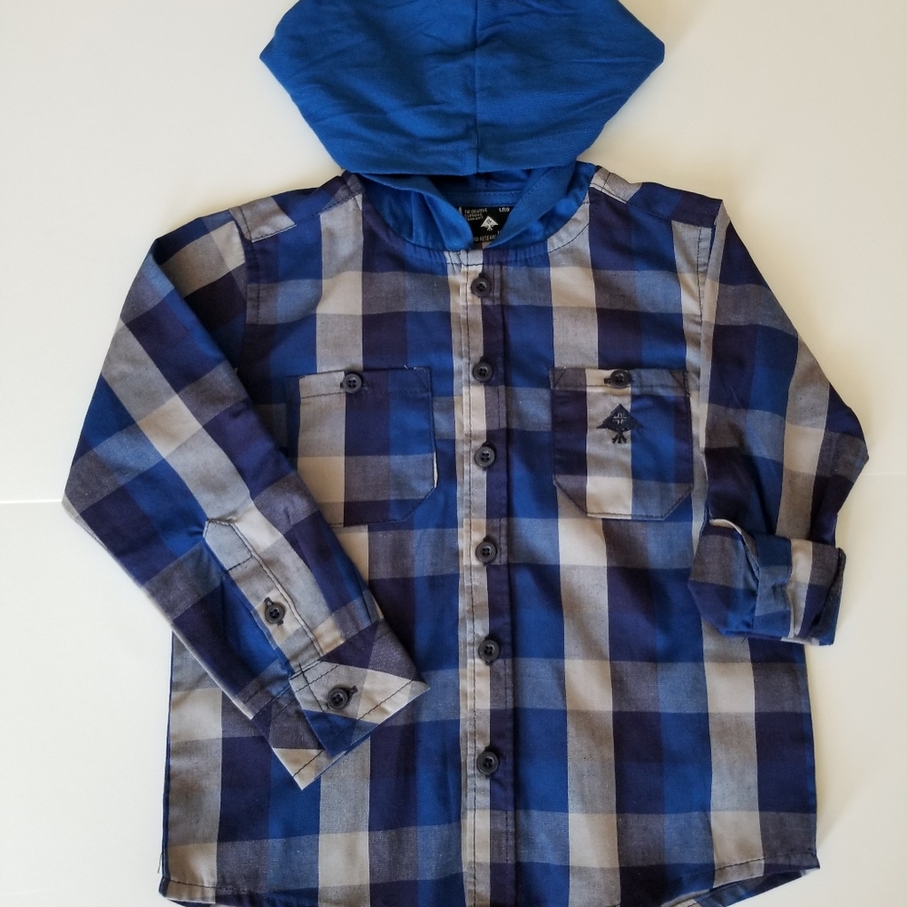 LRG Lifted Research Group Toddler Boys Blue Button Down Shirt w/ Hood- 2T